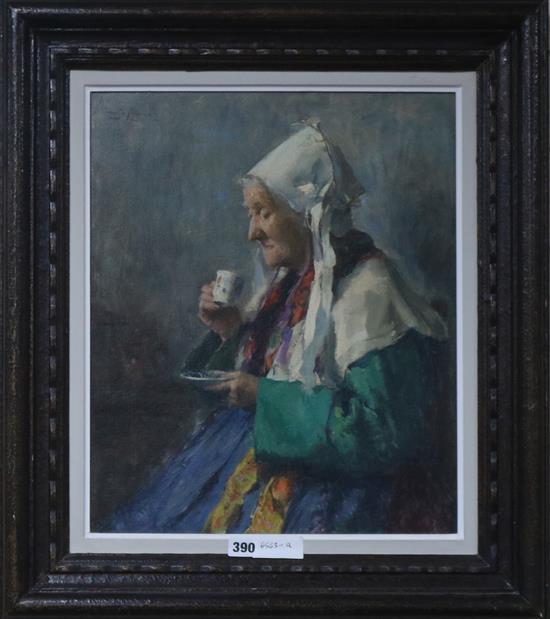 Emil Simon (1890-1976) oil on board, A Breton woman drinking tea, signed 45 x 37cm.